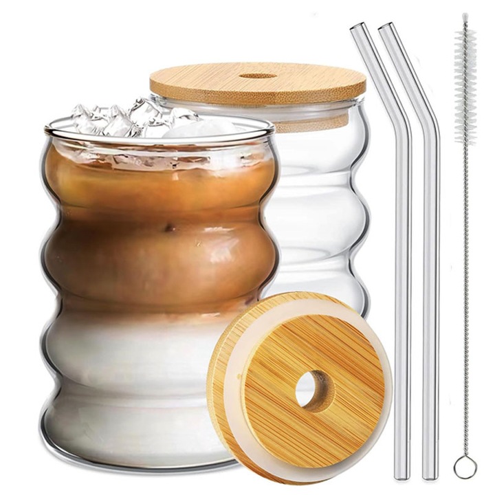 Комплект от 2 чаши със сламка/капак, Rqiurpn, прозрачни, 1 четка за почистване включена, за коктейли, бира, кафе, чай, 430 мл