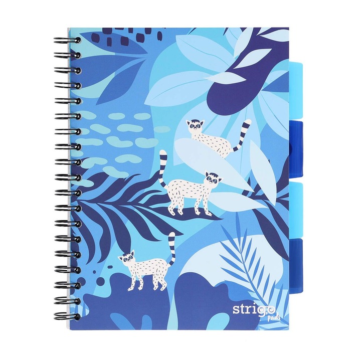 Caiet cu spirala si separatoare, STRIGO PADS Project Book Jungle B5, matematica, 200 pag., hartie 80gr FSC, coperti cartonate, multicolor albastru