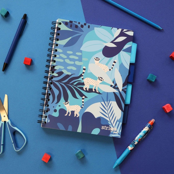 Caiet cu spirala si separatoare, STRIGO PADS Project Book Jungle B5, matematica, 200 pag., hartie 80gr FSC, coperti cartonate, multicolor albastru