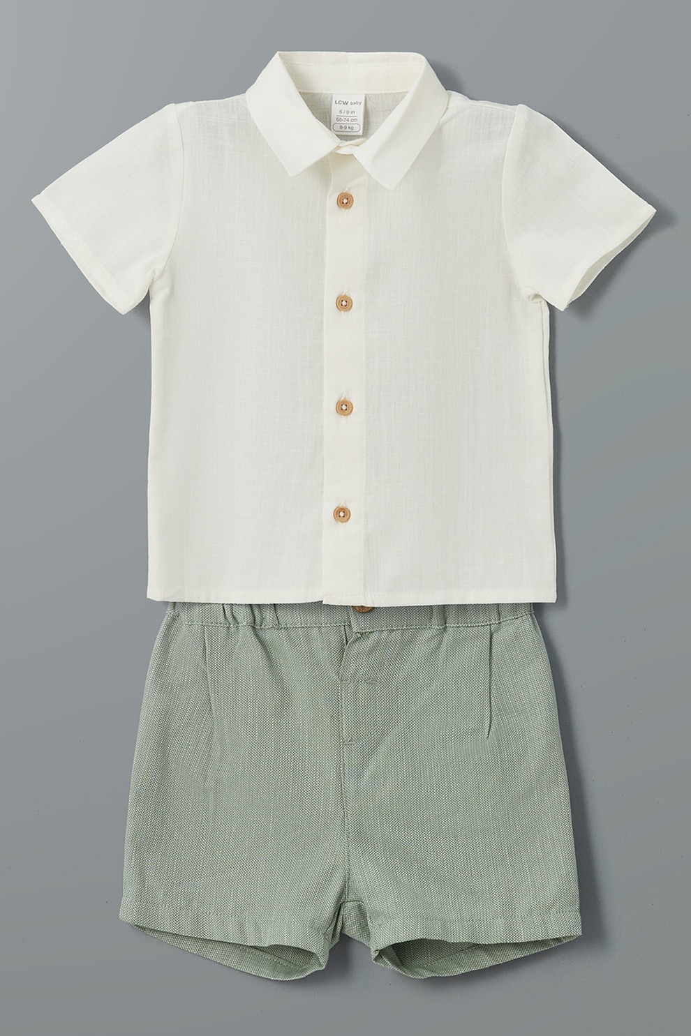 LC WAIKIKI, Set de camasa si pantaloni scurti din bumbac, Alb fildes, Verde prafuit, 74-80 CM