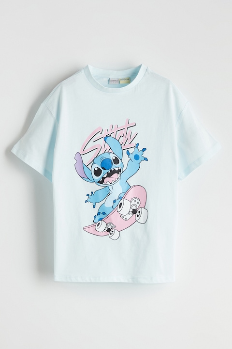 LC WAIKIKI, Tricou cu imprimeu si decolteu la baza gatului, Albastru glaciar/Verde menta