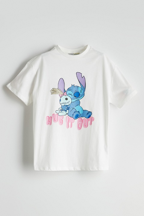LC WAIKIKI, Tricou cu imprimeu frontal cu Stitch, Alb/Albastru
