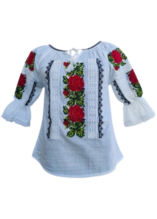 Ie pentru dama, traditionala, bumbac,imprimeu trandafiri, Rosu/Alb