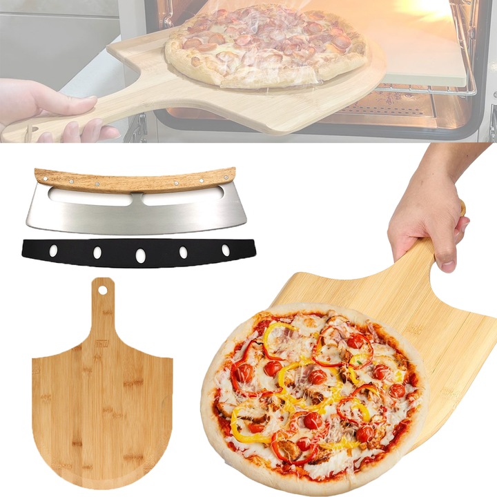 Set tava pizza din 2 piese, Dussdote, 17,72x11,81 inch, bambus, cu lopata si taietor de pizza