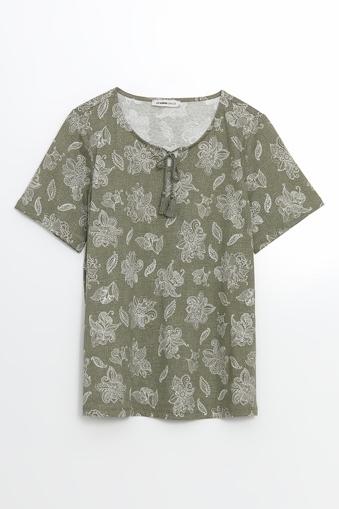 LC WAIKIKI, Bluza cu maneci scurte si model floral, Verde pal/Verde feriga