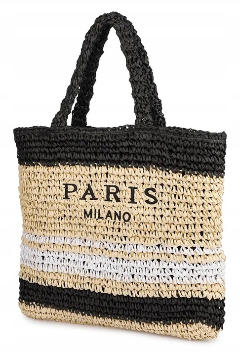 Geanta mare, Agrafka, shoperka impletita cu dungi verticale si inscription 'PARIS', Croiala lejera, confortabila, Design unic, Unisize, Multicolor