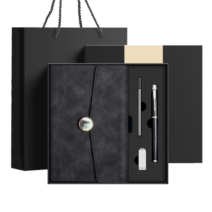 Set premium A5 cu agenda, Pix metalic, Fudisenn®，Rezerva, Punga Cadou si Memorie USB 32 GB, 200 pagini, format 210 x 150 mm, Cadouri de afaceri, cadouri pentru intalniri anuale, caiete，culoare negru