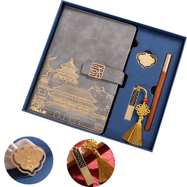 Set premium A5 cu agenda, Fudisenn®，Pix metalic，Rezerva, Punga Cadou si Memorie USB 16 GB, 230 pagini, Cadouri de afaceri, cadouri pentru intalniri anuale, caiete，culoare gri，21.5x 14.5 cm