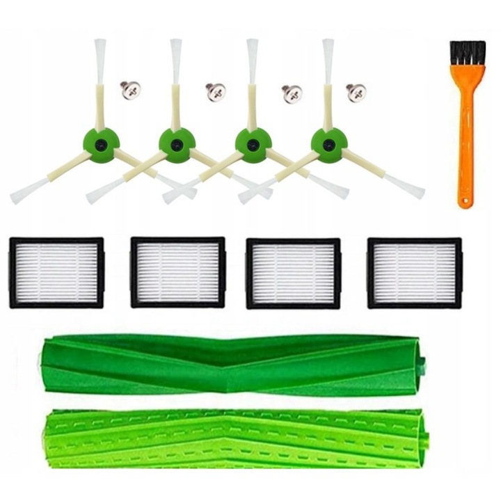 Set 15 accesorii pentru aspirator robot, Zola, 2 perii din cauciuc, 4 perii cu 3 brate, 4 filtre HEPA, 1 perie pentru curatarea filtrului, compatibil cu Roomba e 4/5/6, i 3/4/5/6/7/7+/8/8+, j7
