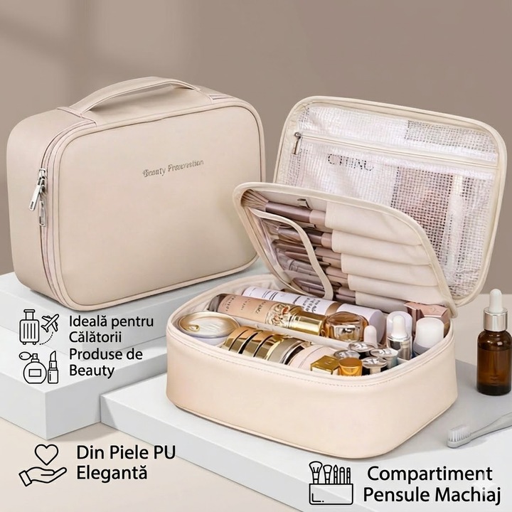 Geanta Cosmetica, Charmorah, Organizator Machiaj Mare Capacitate si Calatorii, Piele PU, Compartiment Pensule, 24x9x17.5cm, Alb