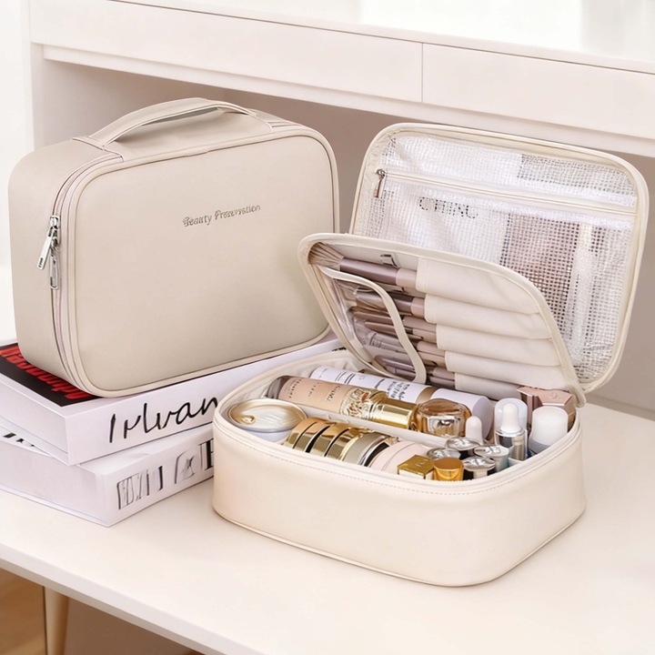 Geanta cosmetica, Charmorah, Geanta de machiaj de mare capacitate din piele PU, Cu compartiment pentru pensule de machiaj, Ideala pentru depozitarea produselor si instrumentelor de machiaj in timpul calatoriilor, Alb