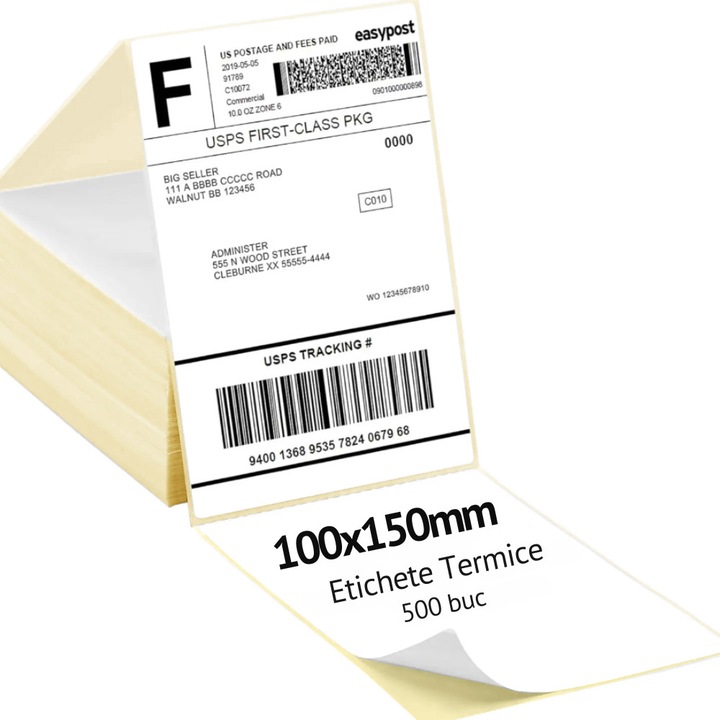 Etichete Termice Autoadezive 100 x 150 mm VITTALIST®, 500 de Etichete, pentru AWB, Format A6, cu Perfor de Rupere, Adeziv Puternic, Alb