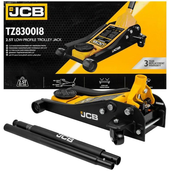 Хидравличен крик за автомобили, Jcb, Jcb-Tz830018, Максимална товароподемност 2,5 тона, Ниска минимална височина – само 87 мм, Здрава стоманена конструкция, Въртящи се задни колела, 87 x 455 мм