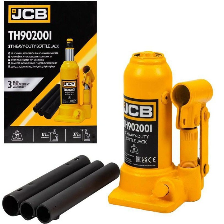 Хидравличен крик за автомобили, Jcb, Jcb-Th902001, товароносимост 2 тона, заварена конструкция, предотвратяваща изтичане на масло, предпазен клапан, предпазващ цилиндъра от повреда, защита на буталото от корозия, 172 x 372 x 112 x 103 x 105 мм