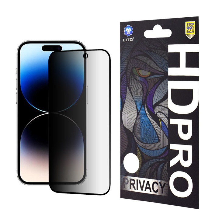 Протектор за екран за iPhone 14 Pro, Lito HD Pro Privacy Glass, Черен