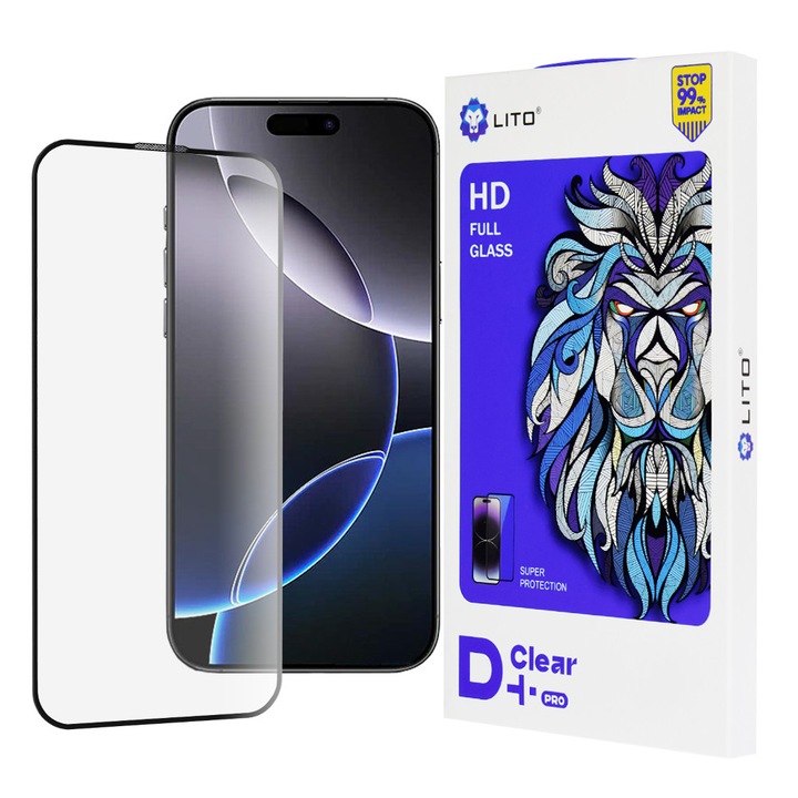 Folie telefon Lito iPhone 16 Pro Max, sticlă securizată, transparentă, negru