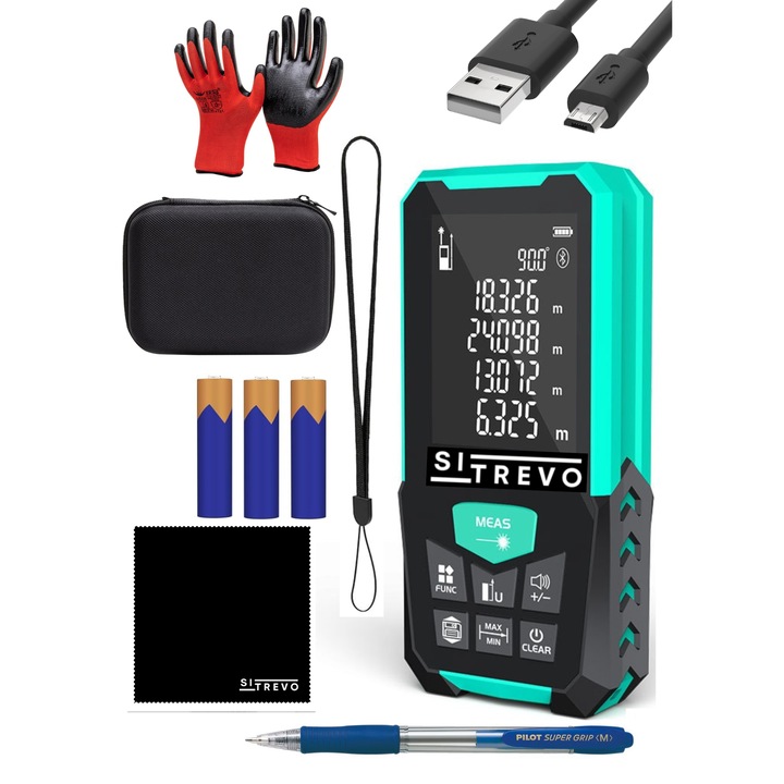 Telemetru cu laser Sitrevo® D3-100m Professional, ± 1.5 mm precizie, IP 54, masurare suprafata, volum, pitagora, continua, max-min, incarcator micro – USB, geanta de protectie, baterii AAA NiMHx3, carpa de microfibra, manusi de protectie, verde si negru