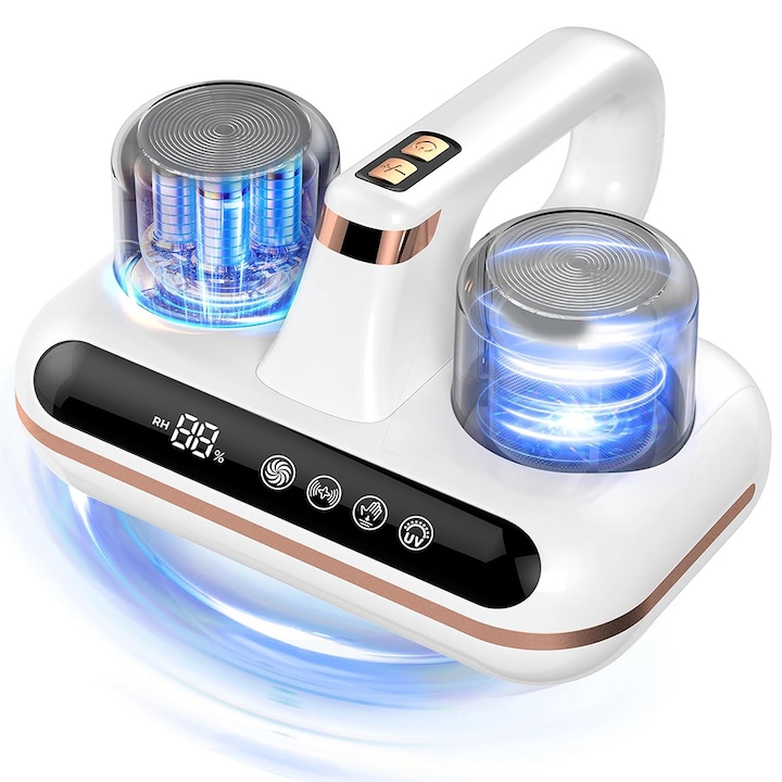 Aspirator Profesional de Mana, indepartare a acarienilor, 5 in 1, cu lumina UV-C si tehnologie cu ultrasunete, aspiratie puternica de 16Kpa, zgomot redus, sterilizare UV, afisaj umiditate, potrivit pentru praf/par de animale, TOIITKQ, alb