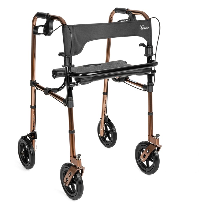 Cadru de mers din aluminiu cu sezut, pliabil, cu 4 roti si frana, bronz, Timago