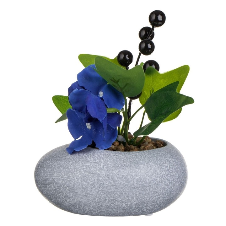 Ghiveci Decorativ din Piatra cu Planta Artificiala si Flori Albastre 13x10x14cm