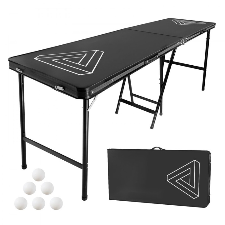 Masa pentru Beer Pong, Lungime 240 cm, Pliabila, Cu Maner de Transport, Capacitate 30 kg, Negru