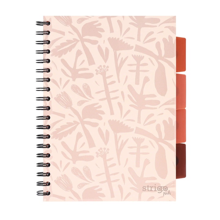Тетрадка със спирала линии и разделители, STRIGO PADS Project Book Floral B5, математика, 200 страници, 80 гр. FSC хартия, твърди корици, кремава