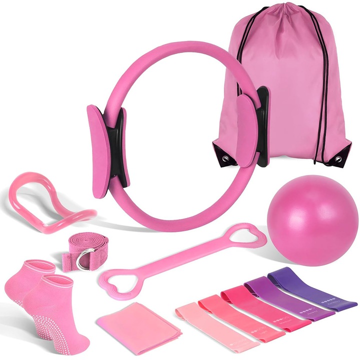 Set de 13 accesorii pilates, modelare corporala, echipament pentru sala de acasa, include minge de 9,8 inch/banda de rezistenta/cerc magic/accesorii, sundiguer, roz