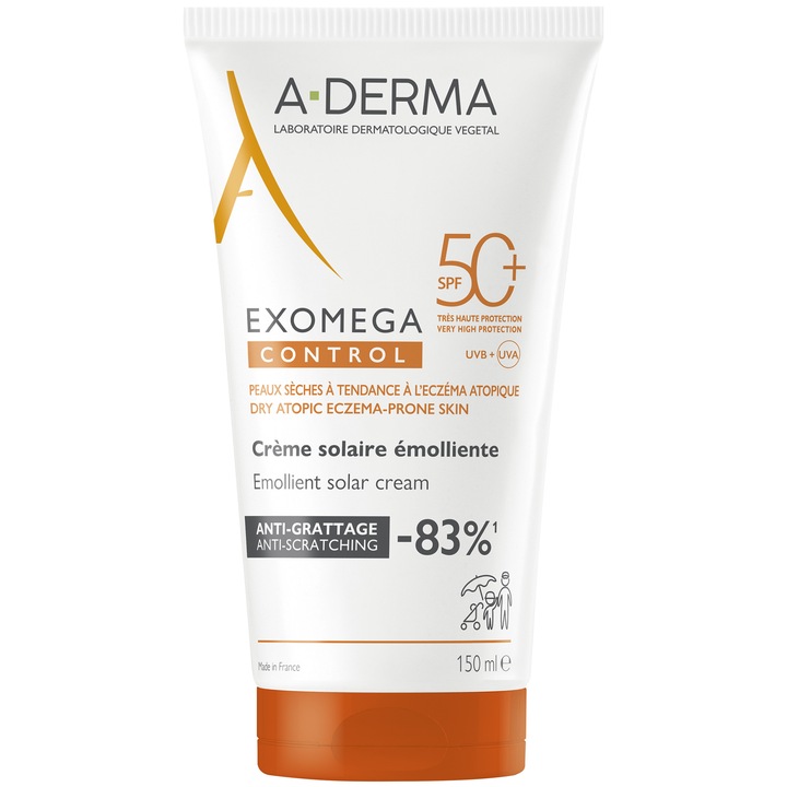 Емолиентен крем A-derma, Със слънцезащита SPF50+, За чувствителна кожа Exomega Control, 150 мл