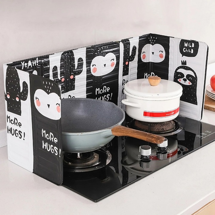 Protectie anti-stropire pentru aragaz, folie aluminiu, alb-negru, 84x33cm, set 2 bucati