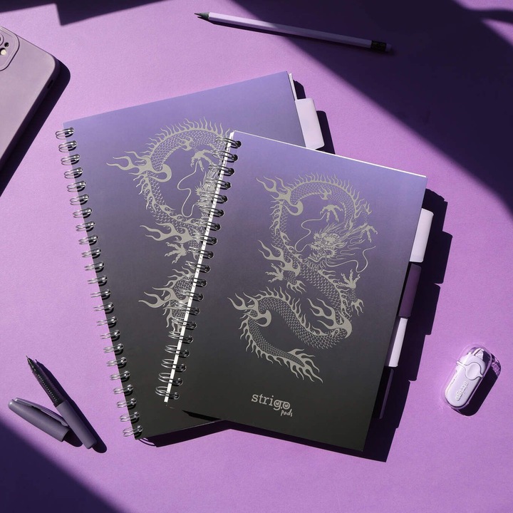 Spirálfüzet, STRIGO PADS Project Book DRAGON, 200 oldal, 80g-os papír, keményfedeles, lila, B5