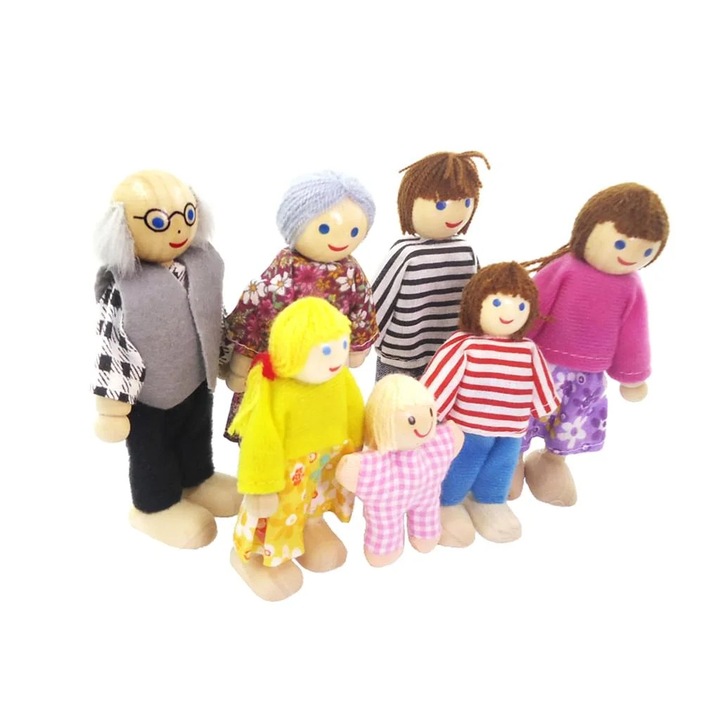 Set papusi familie YANYXR lemn si material 7 piese multicolor 6x3.5x11cm