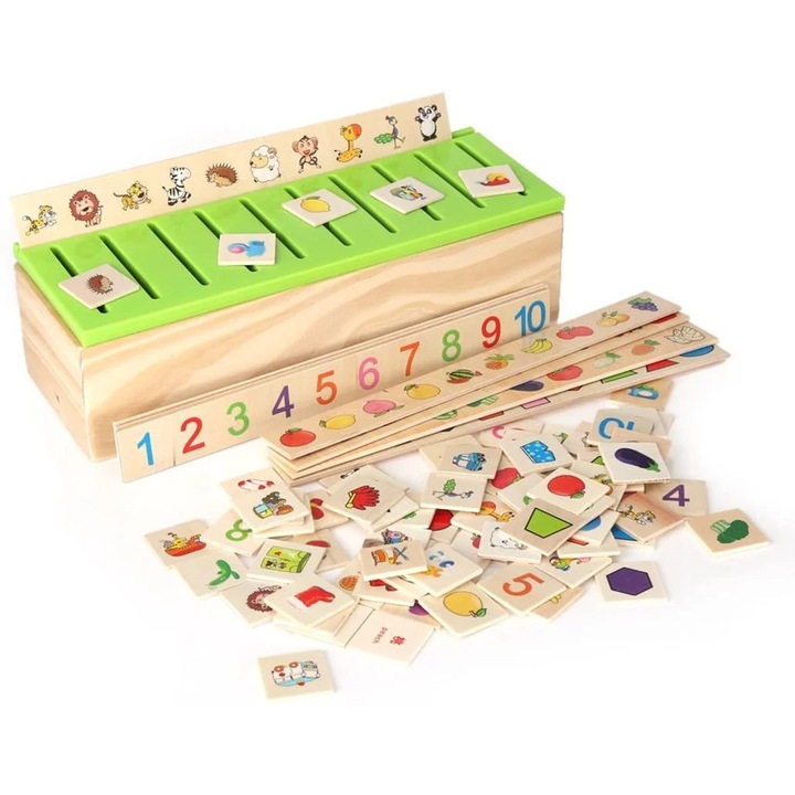 Vegyes fa doboz oktatójátékokhoz, zöld és világos sárga, 29x10,5x8,5cm