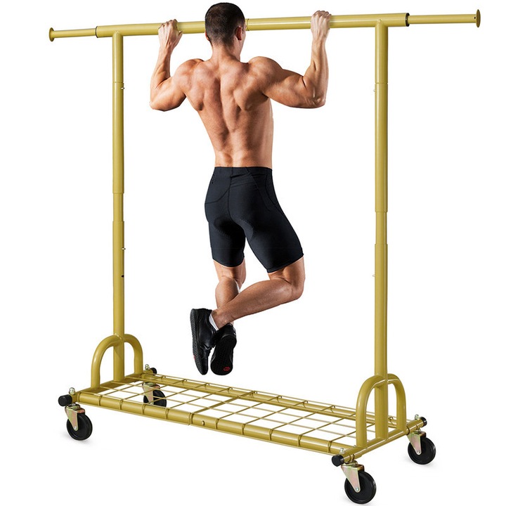 Umeras pentru haine HOKEEPER cu rafturi pe roti, capacitate 200 kg, aurie, dimensiuni ajustabile 128.7-189cm x 55cm x 166.8-179.8cm