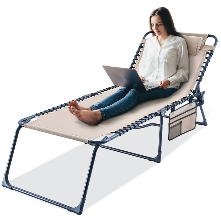 Sezlong KING BIRD cu perna, 190x70x40cm, capacitate 136 kg, spatar reglabil, pliabil, bej