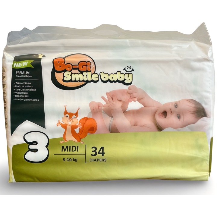 BO-GI Smile Baby Prémium Midi pelenka, 3-as méret, 5-10 kg, 34 db