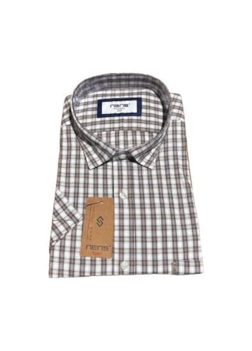 Férfi rövid ujjú ing, normál szabás-1382, Fehér/Barna