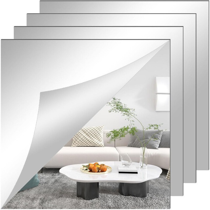 Set 4 oglinda autoadeziva, Oglinzi Sticla Decorative Autoadezive Patrate, Oglinda adeziva HD, foi de oglinda autoadezive, decor de perete autoadeziv, oglinda decorativa DIY, 30 * 30 cm acrilica, claritate mare pentru dormitor, baie, toaleta