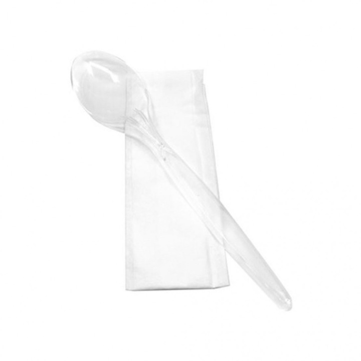 Комплект лъжици, За многократна употреба, Със салфетка, 100 части, Прозрачни