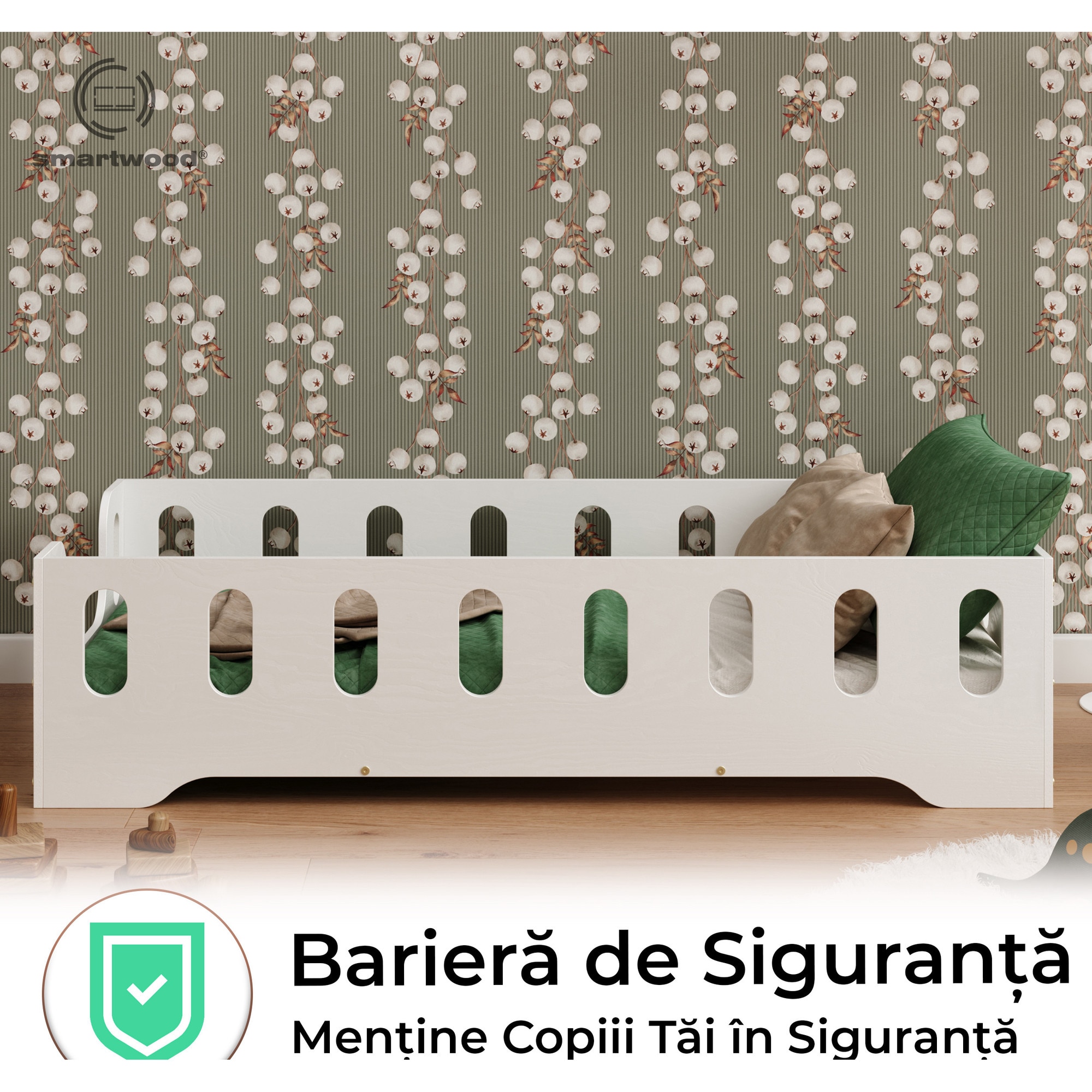 Pin Alb Pat copii 200x120 cm din lemn de pin alb, cu balustrada de siguranta ...