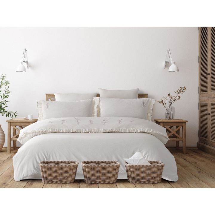 Двойно спално бельо, Majoli Bahar Home Collection, 100% памук с дантелена бродерия, 4 броя (чаршаф за завивка 200x220 см, плосък чаршаф 240x260 см, 2 калъфки за възглавници 50x70 см), Soulfly