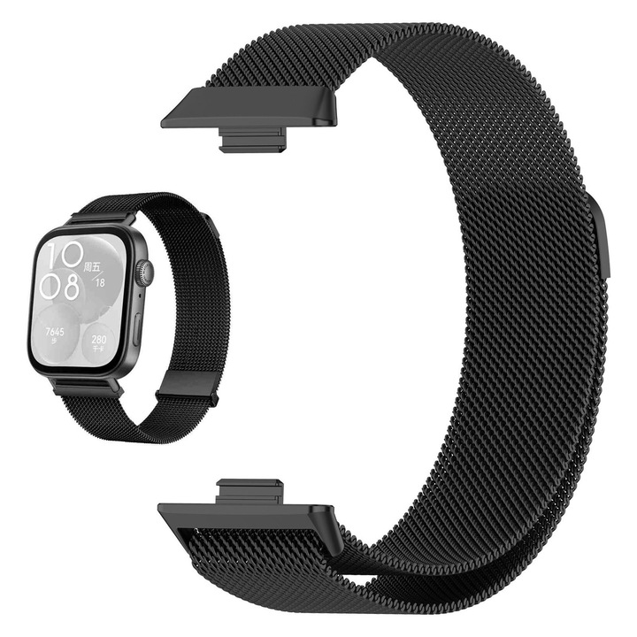 Fém milánói szíj, Axroad Mall, Huawei Watch Fit 3 okosórával kompatibilis, állítható, mágneses záródás, víz- és kopásállóság, kényelmes és biztonságos viselet, könnyen viselhető, rozsdamentes acél, 210*16mm, fekete