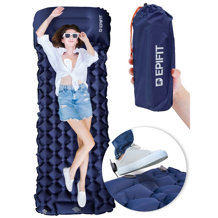 Önfelfújó matrac huzattal és javítófolttal, Epifit, Rest, beépített lábpumpa, integrált párna, szennyeződésálló, méretek: 190x60x5 cm, sötétkék
