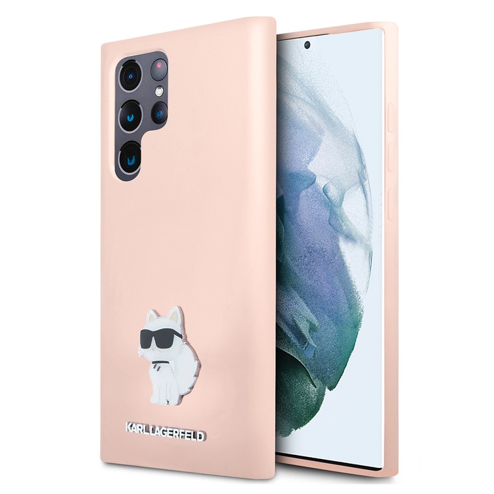 Husă de protecție Karl Lagerfeld pentru Samsung Galaxy S23 Ultra, silikon, roz, cu pin metalic Choupette