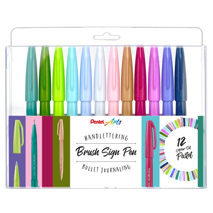 Pentel Brush Sign Pen marker, Rugalmas hegy, 12 szín/készlet, Kalligráfiához, Kontúr