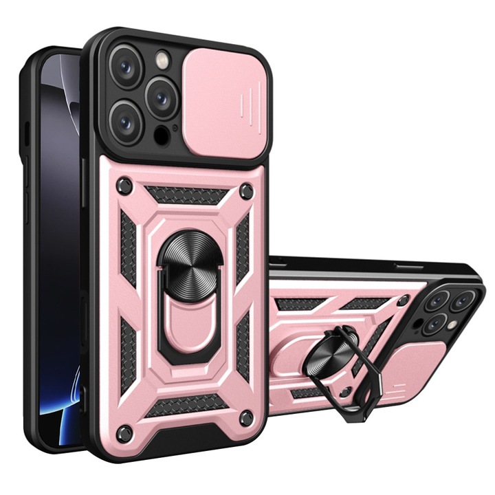 Husa Armor CamShield Ring pentru Apple iPhone 16 Pro Max, Clapeta Camera, Structura Rigida, Anti-Shock, Protectie Completa, Rose Gold