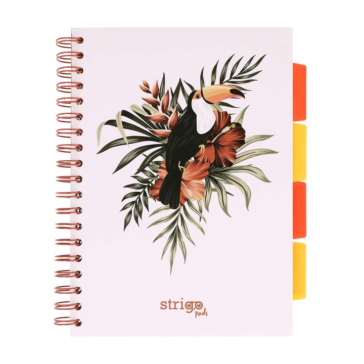 Тетрадка със спирала и разделители, STRIGO PADS Project Book TROPICAL, B5, математика, 200 страници, 80 гр. FSC хартия, твърди корици, бял флорален фон