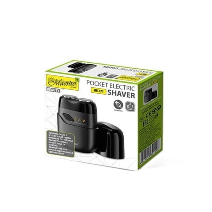 Maestro MR-671, LED, 350 mAh, Магнитна режеща глава, 2 ножчета за бръснене, Водоустойчив, Безжичен, Джобна самобръсначка