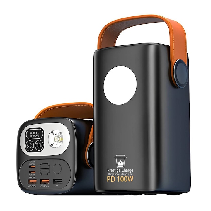Преносима външна батерия PRESTIGE CHARGE®, PREMIUM Powerbank, 60 000 mAh, 100W двоен изход, 3-4 дни употреба, зареждане на лаптоп + телефон, Type C, 2 x USB-C PD 100W, 3 x USB, QC 3.0, двойно фенерче, за къмпинг, риболов, пътуване, черна