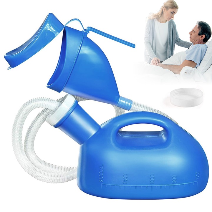 Urinar universal bedee®, capacitate 2000 ml, pentru adulti, barbati, femei, copii, pisoar portabil, plosca cu furtun colector 120 cm, recipient de urina, etansare sigura si durabila, usor de utilizat pentru spital, acasa sau camping, albastru