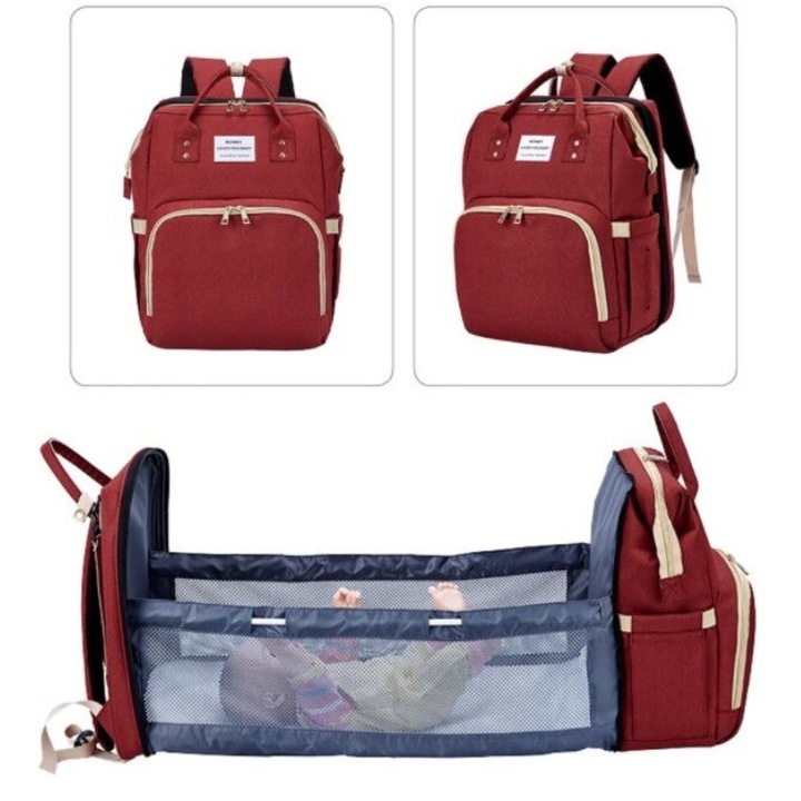 Разтегателна раница за детско креватче, Charmorah, многофункционална, водоустойчива, с множество джобове, за закрепване към количка, унисекс, червена